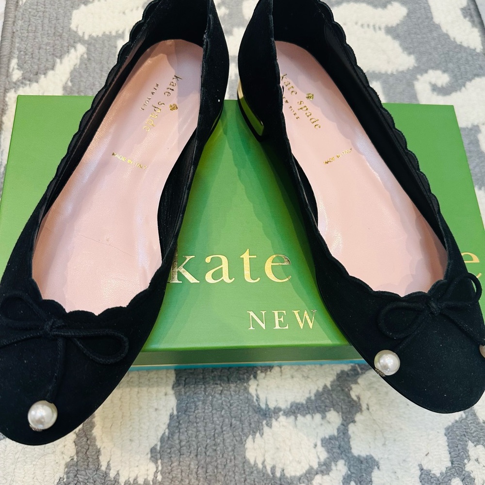 kate spade Black Suede Scallop-Edge Ballet Flats with Pearl Toe